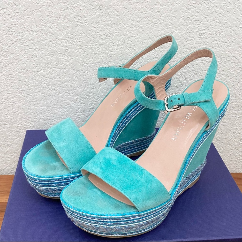 STUART WEITZMAN Single Island Embellished Rope Turquoise Suede Wedge Sandals 8.5